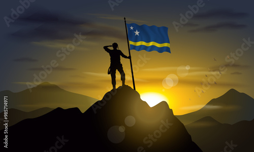 Curacao,  flag, silhouette of man holding flag on Sunset cliff. Vector Illustrator