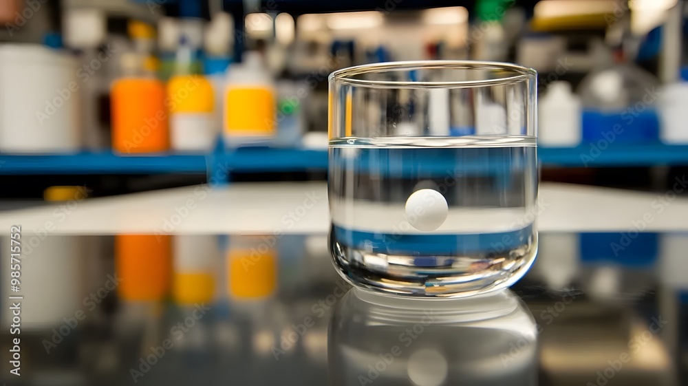 Close-up of glass beaker with clear liquid and floating indicator showing high lead levels, set on white countertop with copy space for text or design. Close-up of glass beaker with clear liquid and floating indicator showing high lead levels, set on white countertop with copy space for text or design.