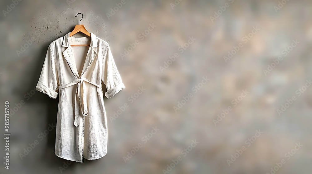 Fototapeta premium A crisp white linen shirt hangs on a wooden hanger against a cool concrete wall, minimalist and refined.