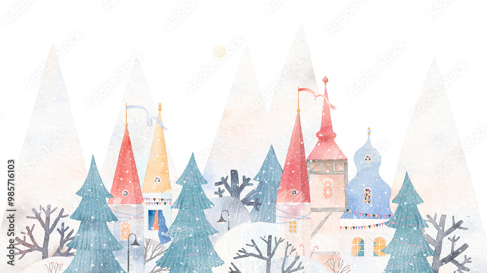 Fototapeta premium Fairytale town in the mountains. Winter landscape, snowy trees, houses, mountains. Children's decor. Watercolor illustration.