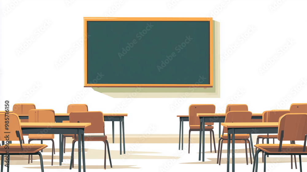 A classroom with a blackboard and a row of chairs. The chairs are empty and the blackboard is blank A classroom with a blackboard and a row of chairs. The chairs are empty and the blackboard is blank