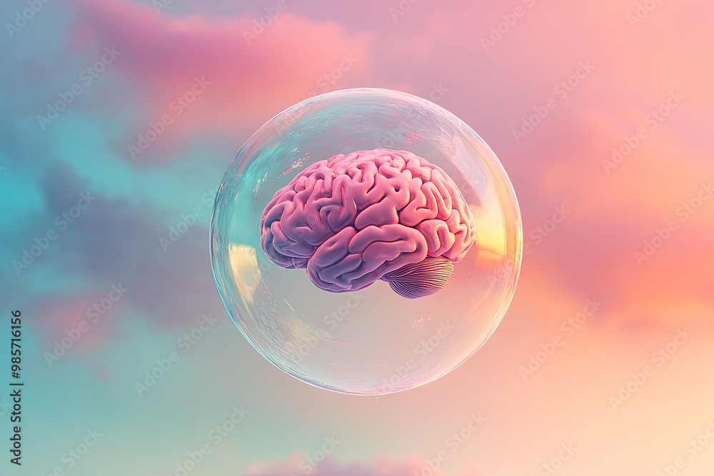 Human brain floating in a bubble, surrounded by calming colors ...