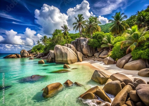 Lush greenery adorns this Seychelles beach, where massive granite boulders stand sentinel, reflecting turquoise waters photo