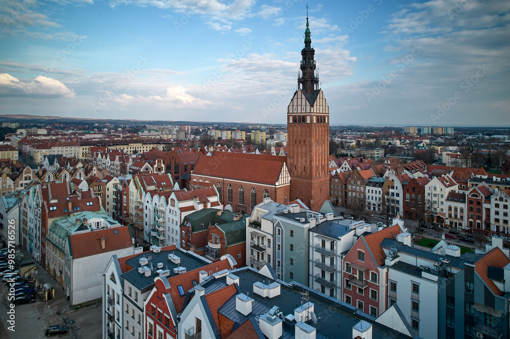 Aerial View of Elbląg Old Town with Gothic Church Tower and Historic Architecture, Poland