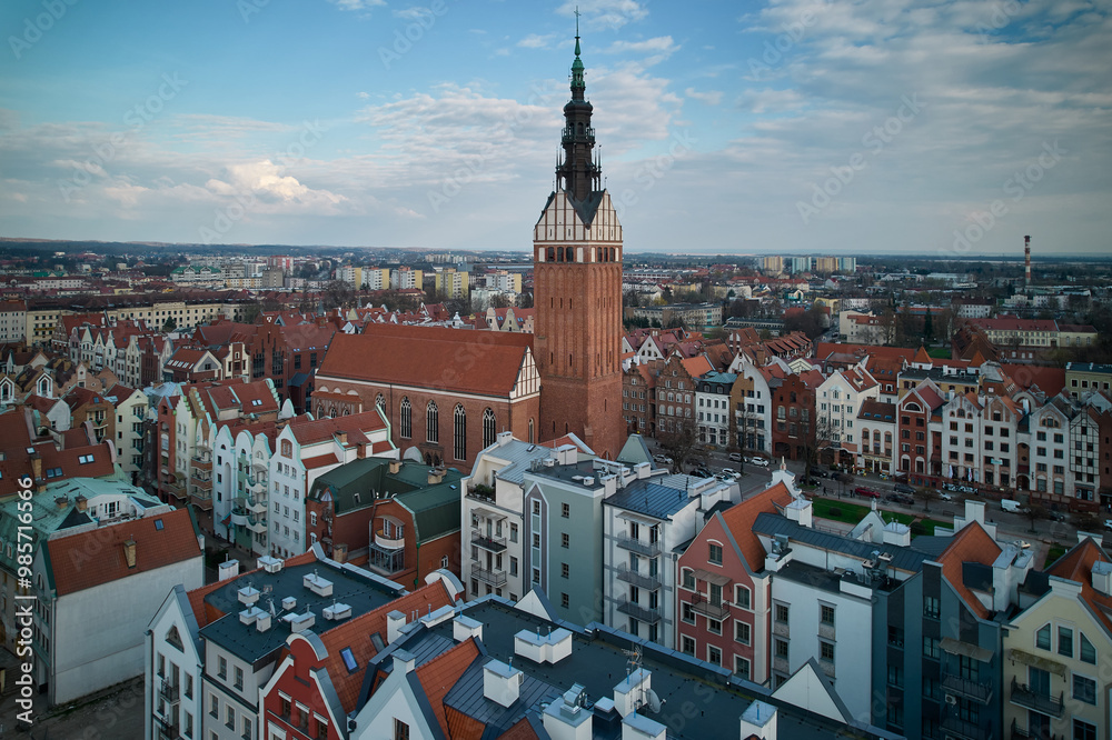 Aerial View of Elbląg Old Town with Gothic Church Tower and Historic Architecture, Poland