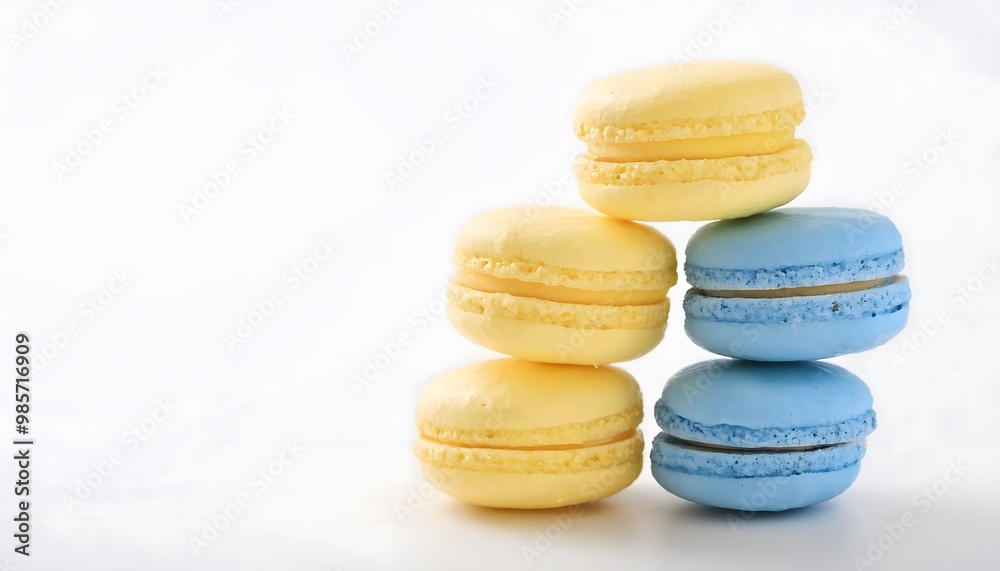 Fototapeta premium Yellow and Blue Macarons on White Background