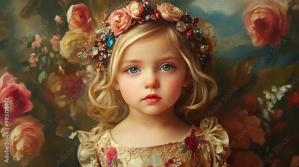 A young girl with blonde hair and blue eyes wearing a flower crown and looking at the camera.