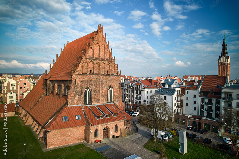 Aerial View of Elbląg Old Town with Gothic Church Tower and Historic Architecture, Poland