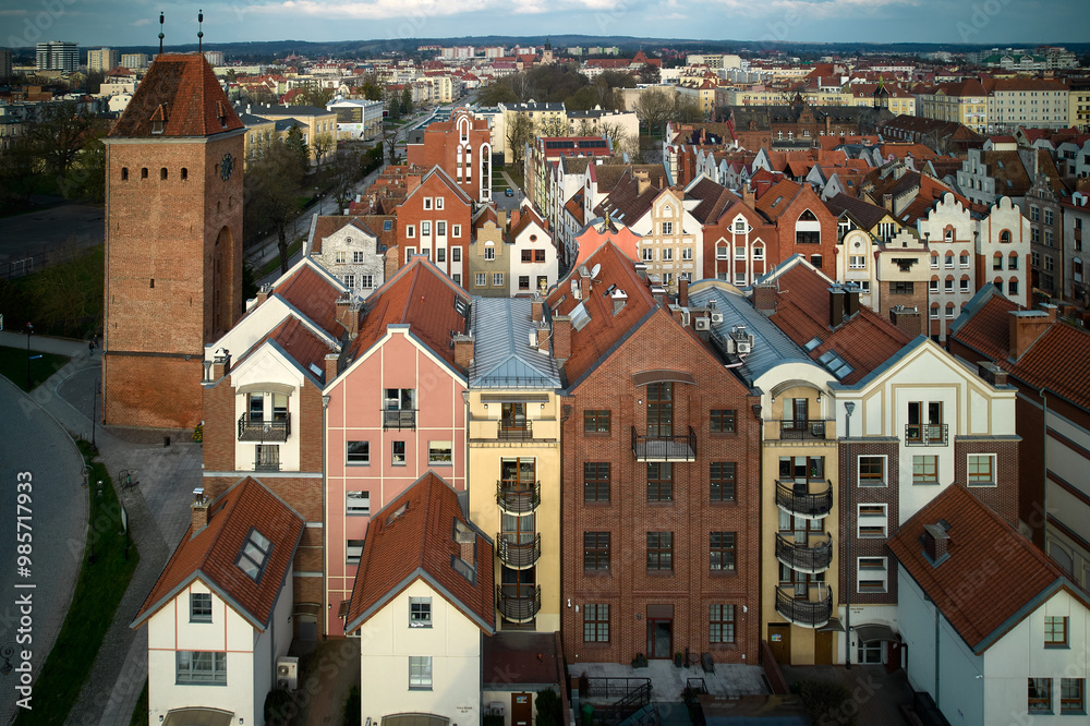 Aerial View of Elbląg Old Town Residential Buildings and Historic Brick Tower, Poland