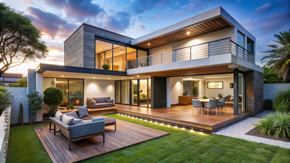 Modern house with stylish transats in the backyard Modern house with stylish transats in the backyard