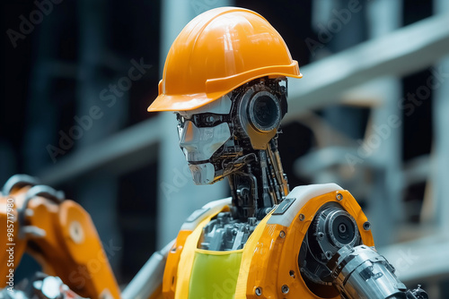  robot wearing a yellow vest and orange helmet stands in front of a crane. The robot's face is black and yellow, and it is a construction worker. Concept of industrial work and machinery