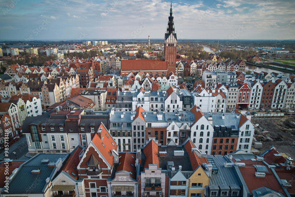 Aerial View of Elbląg Old Town with Gothic Church Tower and Historic Architecture, Poland