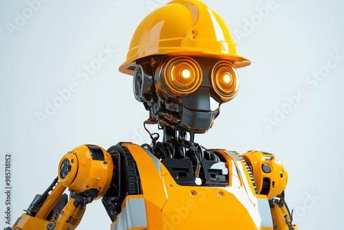 robot with a yellow helmet and orange vest. The robot is standing in front of a white background