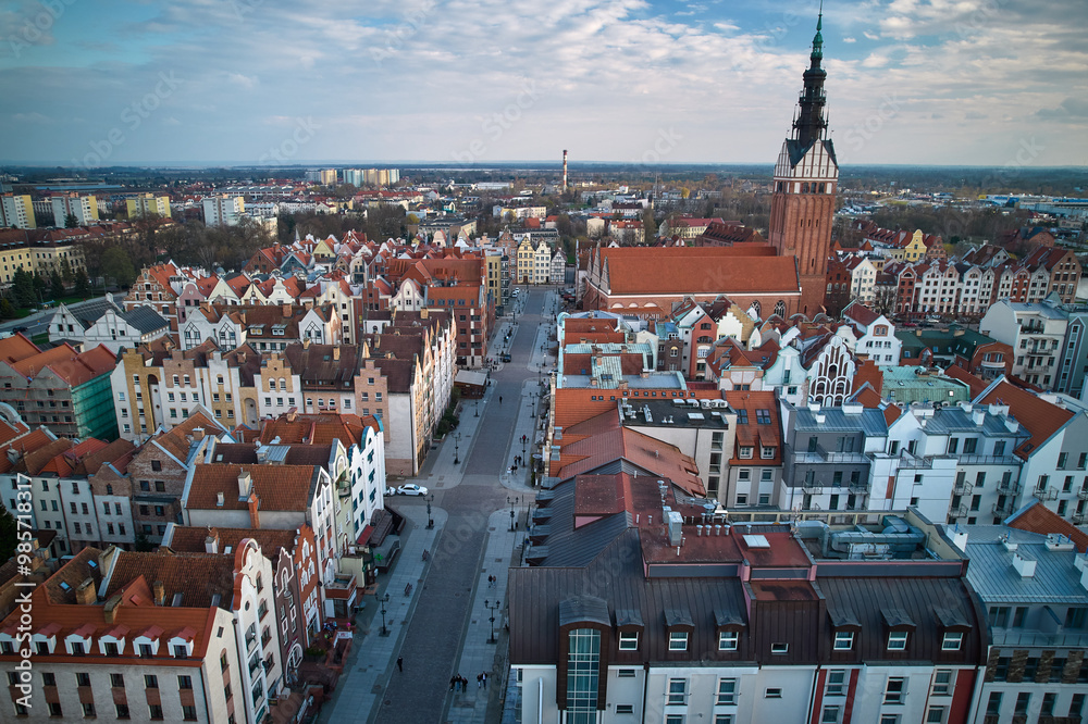 Aerial View of Elbląg Old Town Riverside Promenade and Gothic Church Tower, Poland