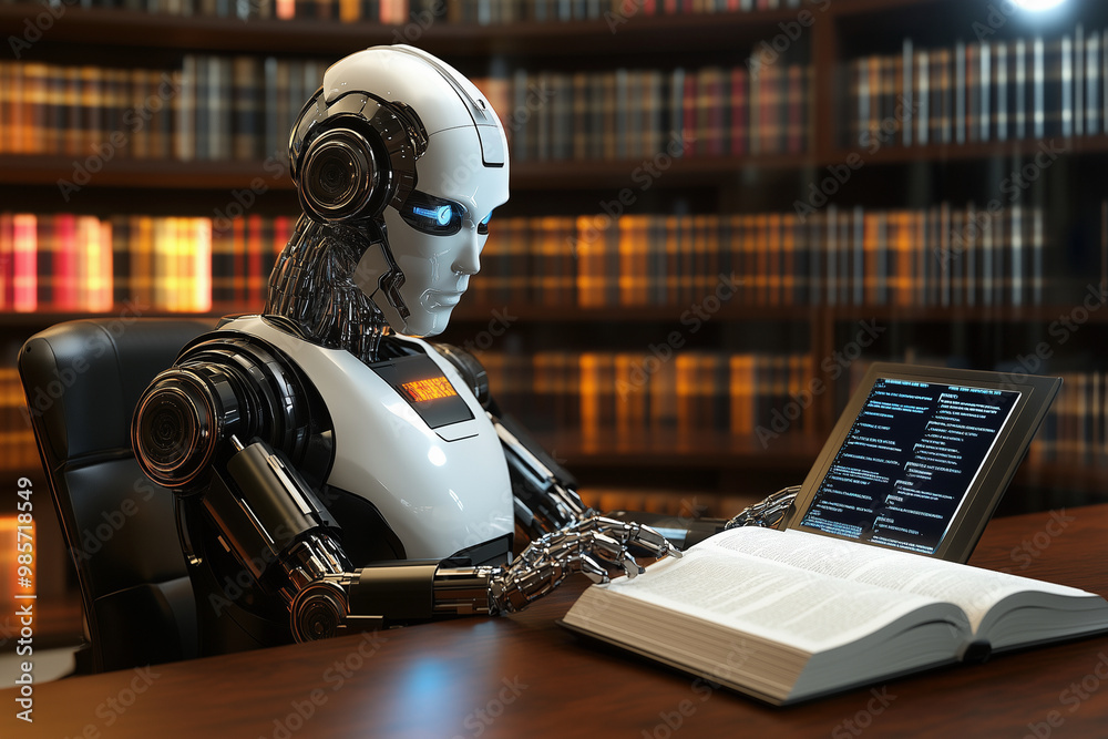 robot is sitting at a desk with a book in front of it. The robot appears to be reading the book, and it is wearing a black chair. Concept of curiosity and intelligence robot is sitting at a desk with a book in front of it. The robot appears to be reading the book, and it is wearing a black chair. Concept of curiosity and intelligence