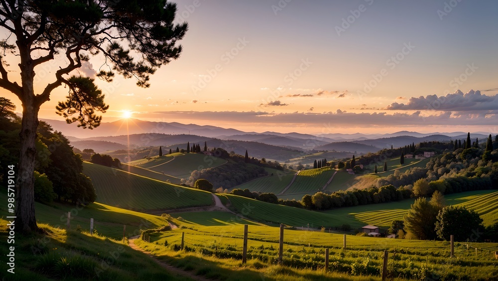 Naklejka premium A beautiful rolling green field in Tuscany at sunrise