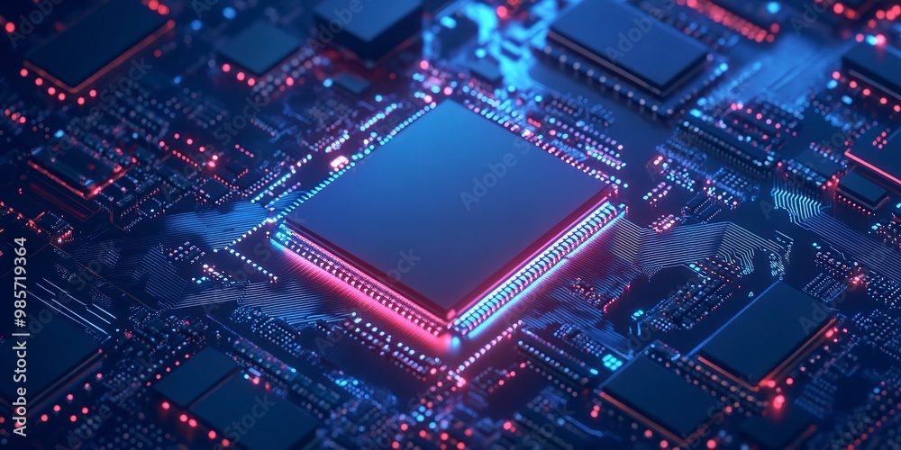 Concept CPU microchip for ai and data network. Close-up view of modern chip gpu card with circuit blue neon lights 