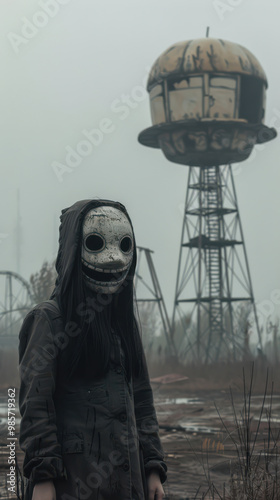 Halloween Pumpkin Head in Abandoned Amusement Park
