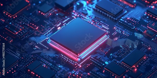 Concept CPU microchip for ai and data network. Close-up view of modern chip gpu card with circuit blue neon lights 