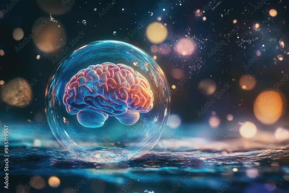 Naklejka premium Human brain floating in a bubble, surrounded by calming colors, representing fragile mental health