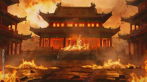 Ancient Chinese Temple engulfed in Flames