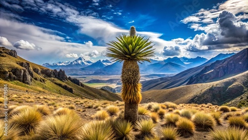 Majestic Puya Raimondii, an Andean cactus, towering over high-altitude landscape in Peru photo