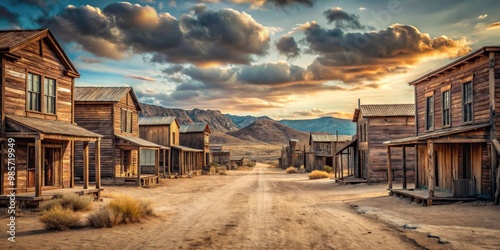 Old ghost town with weathered wooden buildings and dusty dirt streets in wild west setting