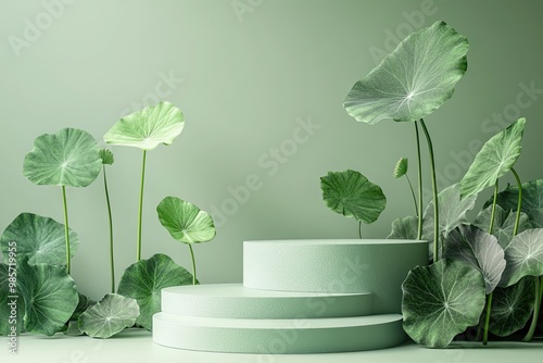 Minimal scene with podium and abstract background. Perspective of podium and centella asiatica (gotu kola) on a green background photo