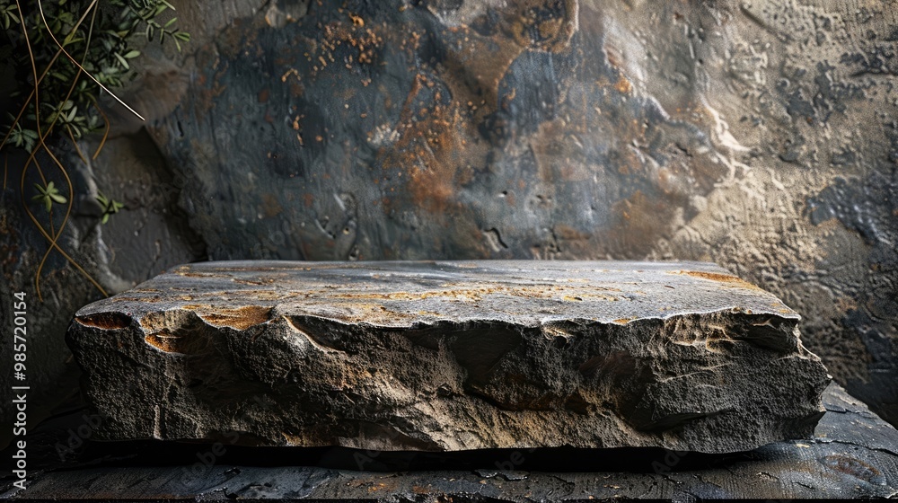 Obraz premium Rugged weathered rock formation with textured surfaces and mossy crevices set against a dramatic natural landscape The monochromatic minimalist scene evokes a sense of the ancient