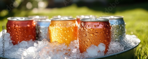 Cold Drinks in a Cooler on Ice with Grass Background