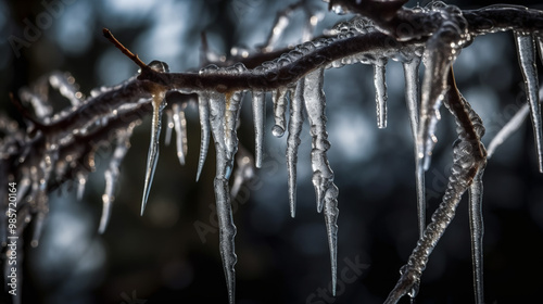 Icicles Hanging From Branch In Winter
