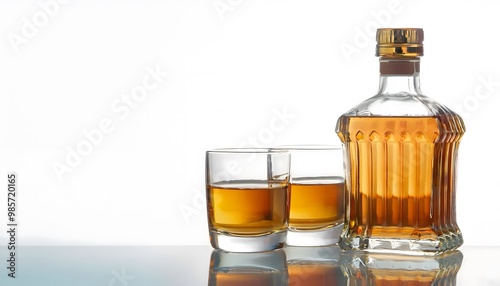 A whiskey glass filled with amber-colored whiskey and ice cubes, isolated on a white background with copy space