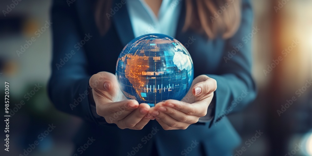 Fototapeta premium Close-up business woman hands holding shining earth globe symbolizing business innovation strategy and global world market sustainability with charts and graphs