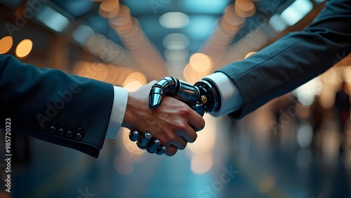 Man handshake with robot assistant in factory for collaboration and teamwork. robot employee and human employee teamwork, Business Human and Robot hands in handshake. Artificial intelligence Concept. photo