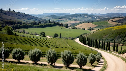 A tranquil Tuscan landscape with vibrant green meadows