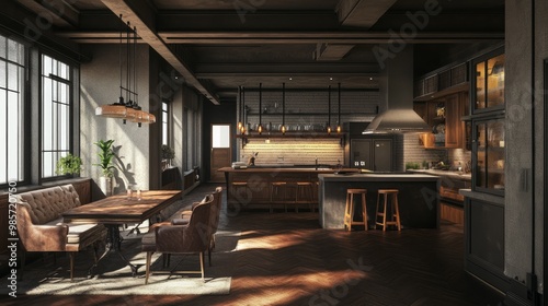 Interior of a large kitchen featuring dark wooden floors, grey walls, plush armchairs at the dining table, a bar with stools, and wooden worktops in the distance. three-dimensional rendering