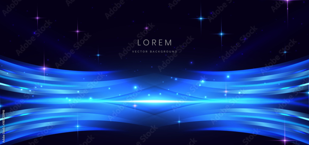 Obraz premium Scence futuristic glowing blue neon light ray with speed motion moving on dark blue background.