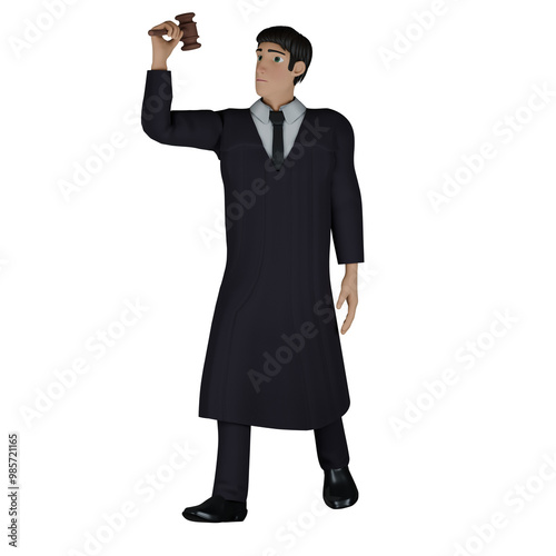 Male Judge Character. A male judge walks with his right hand raised up holding a court hammer. 3D Courtroom Style