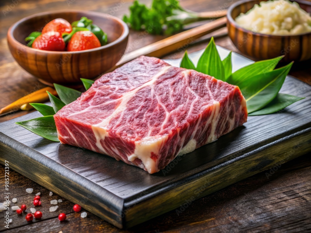 Marbled and cooked Japanese beef product in a high-end restaurant setting Marbled and cooked Japanese beef product in a high-end restaurant setting