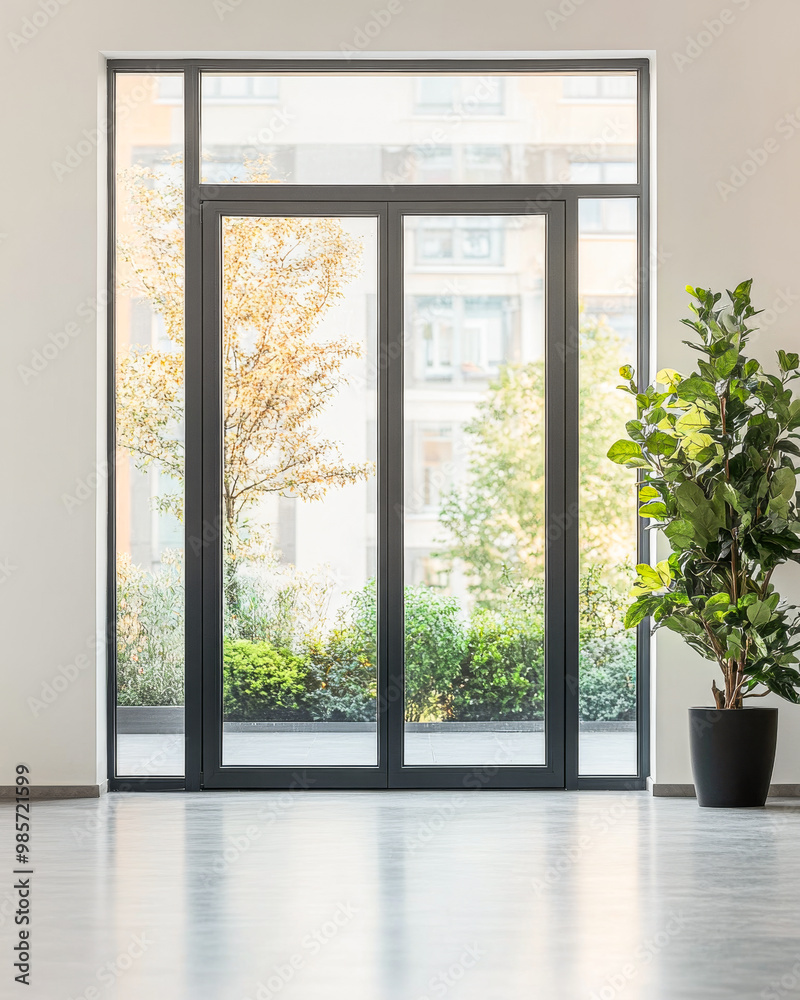Fototapeta premium A tall, reflective mirror stands elegantly beside a bright window with sheer curtains in a modern interior space illuminated by soft sunlight