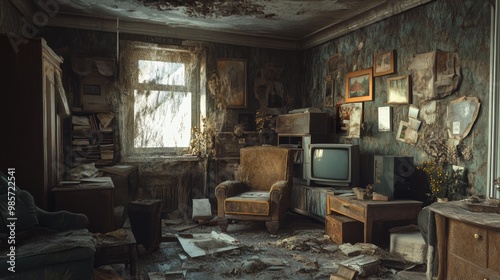 Abandoned Living Room with Dust and Cobwebs.