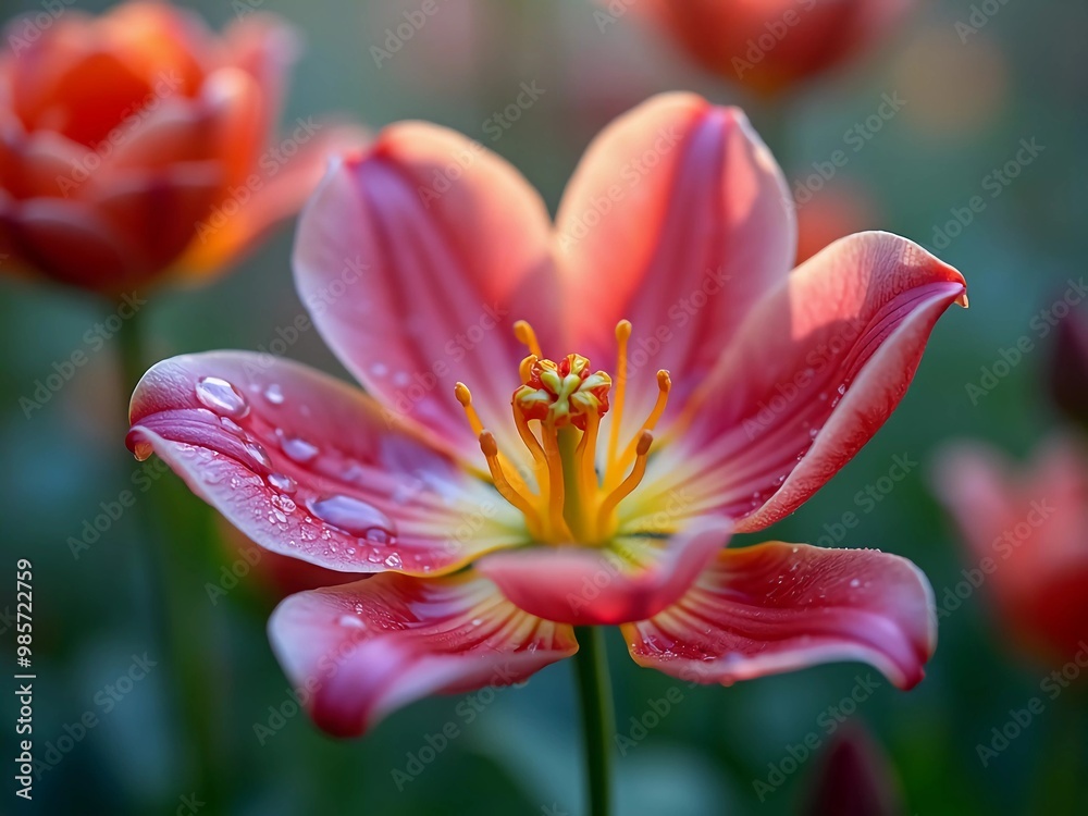Exquisite close-up of a blooming tulip with dewdrops glistening on its petals, capturing the delicate beauty and vibrant colors of nature's artistry in a serene garden setting Exquisite close-up of a blooming tulip with dewdrops glistening on its petals, capturing the delicate beauty and vibrant colors of nature's artistry in a serene garden setting