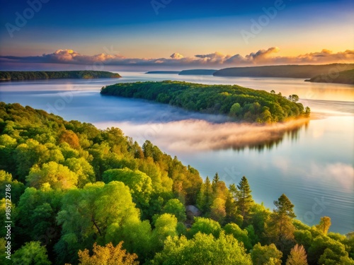 Misty fog rises from Grand Traverse Bay's calm waters at dawn, surrounding hillsides dressed in lush greenery and photo