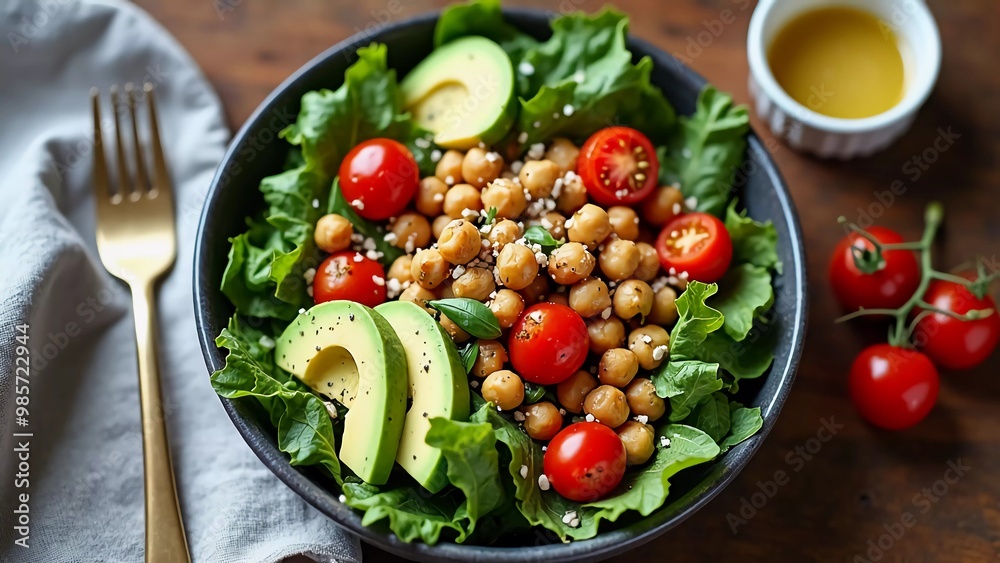 Deliciously vibrant salad with creamy avocado, juicy cherry tomatoes, protein-rich chickpeas, and crisp greens, embodying the essence of healthy, plant-based cuisine for a balanced and nourishing meal