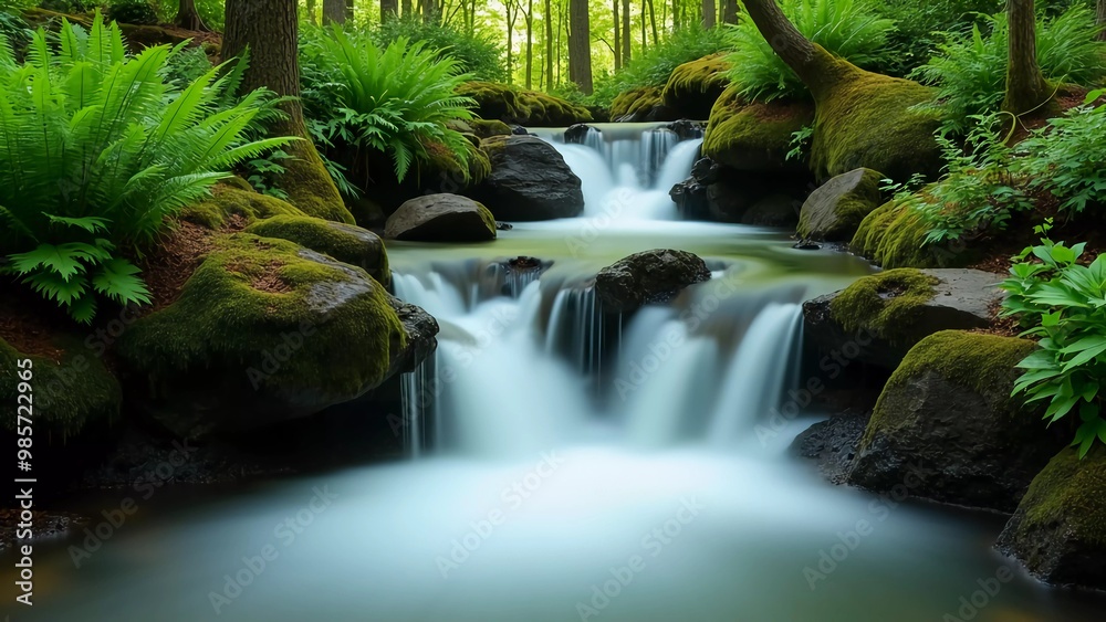 Tranquil forest waterfall cascading over moss-covered rocks, surrounded by lush greenery, capturing the serene beauty and soothing sounds of nature in a peaceful, untouched woodland sanctuary Tranquil forest waterfall cascading over moss-covered rocks, surrounded by lush greenery, capturing the serene beauty and soothing sounds of nature in a peaceful, untouched woodland sanctuary