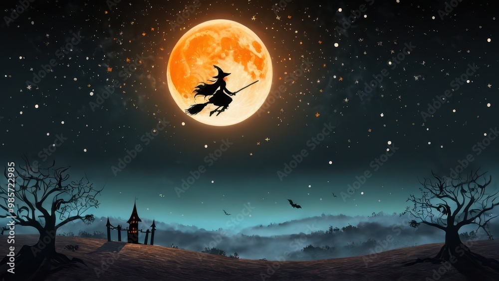 Fototapeta premium A Halloween scene with a witch flying against an orange full moon, a spooky castle on a hill, and barren, twisted trees under a starry sky