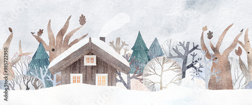 Snowy forest. Horizontal seamless pattern. Winter landscape. Cute wooden house in the winter forest.