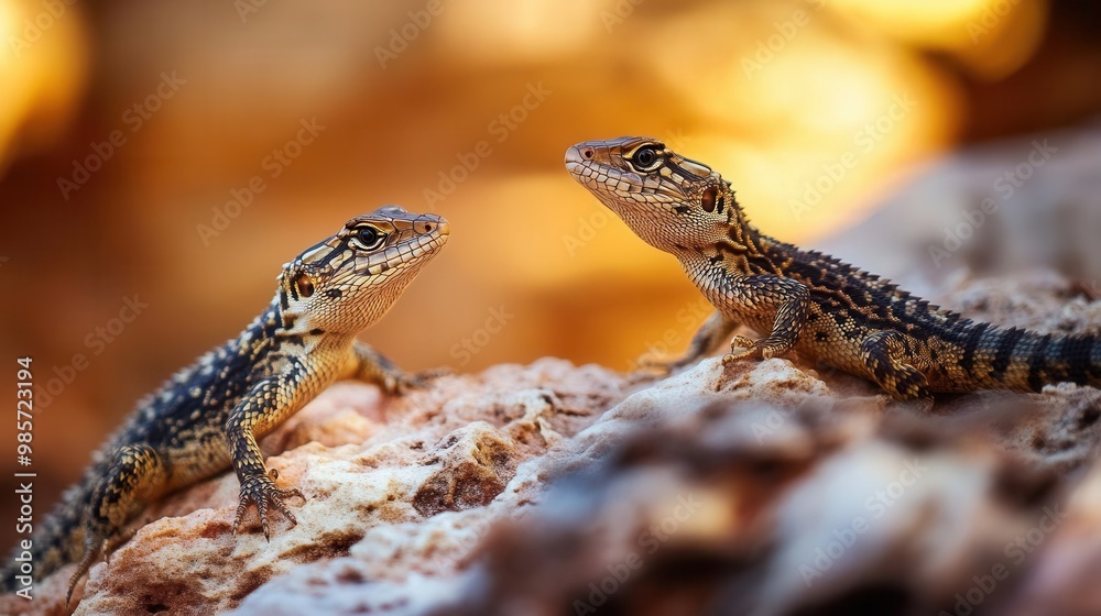 Obraz premium Breeding pair of reptiles in a naturalistic habitat, showcasing their behavior and interaction