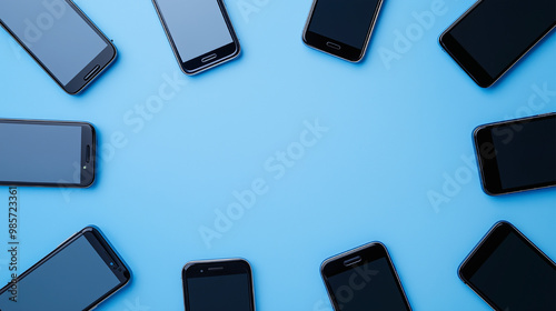 A row of cell phones are stacked on top of each other. The phones are black and the background is blue