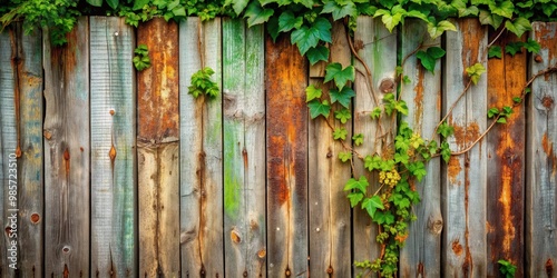 Rustic, weathered wooden fence with peeling paint and overgrown vines